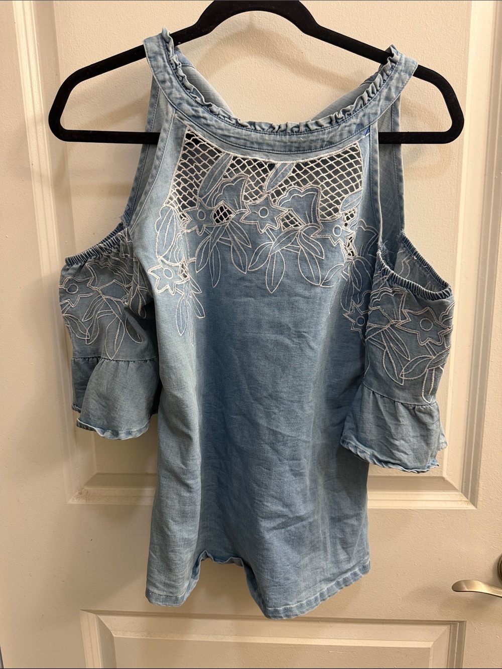 Light Blue Cold-Shoulder Embroidered Women's Top